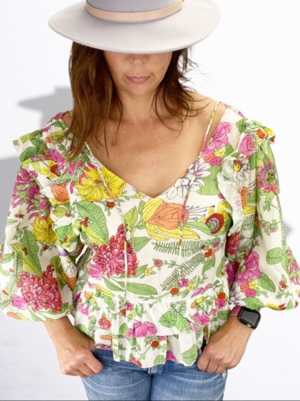 Love The Label Mitzie Floral Peplum Top L Boho Puff Sleeve Tie Back NEW